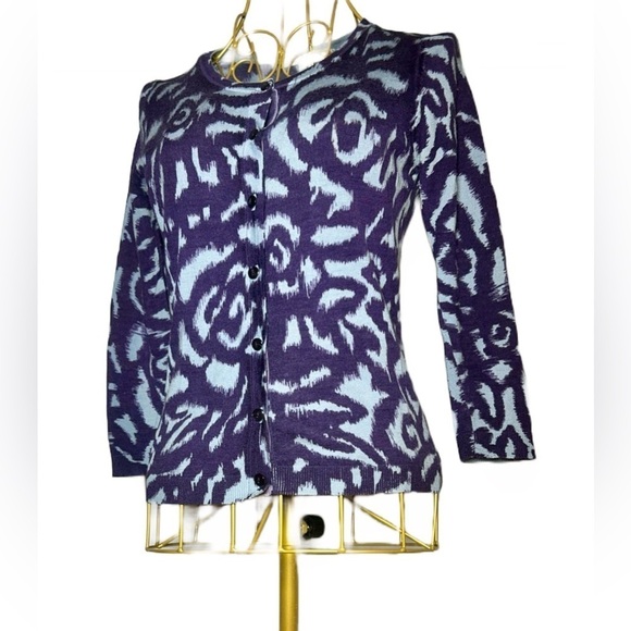 Boden 100% Wool Button-Up Cardigan in Purple & Blue Swirls w/ Suede Placket, 6 - Picture 4 of 16